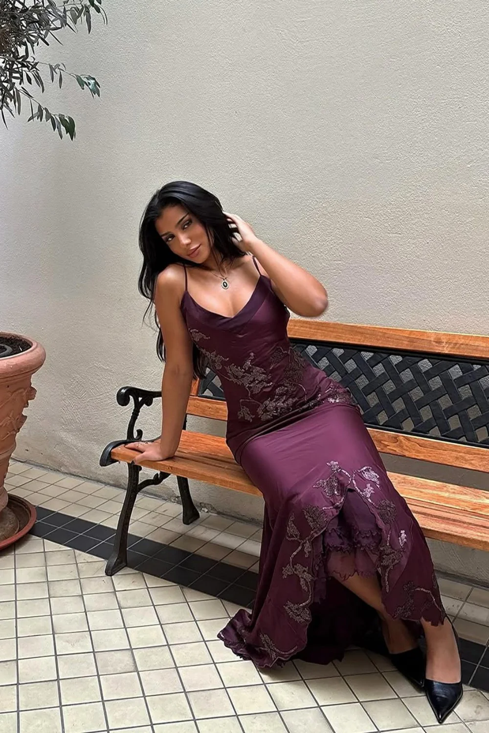 Sophisticated Burgundy Satin Prom Dress with Spaghetti Straps and Lace Detail - Image 9