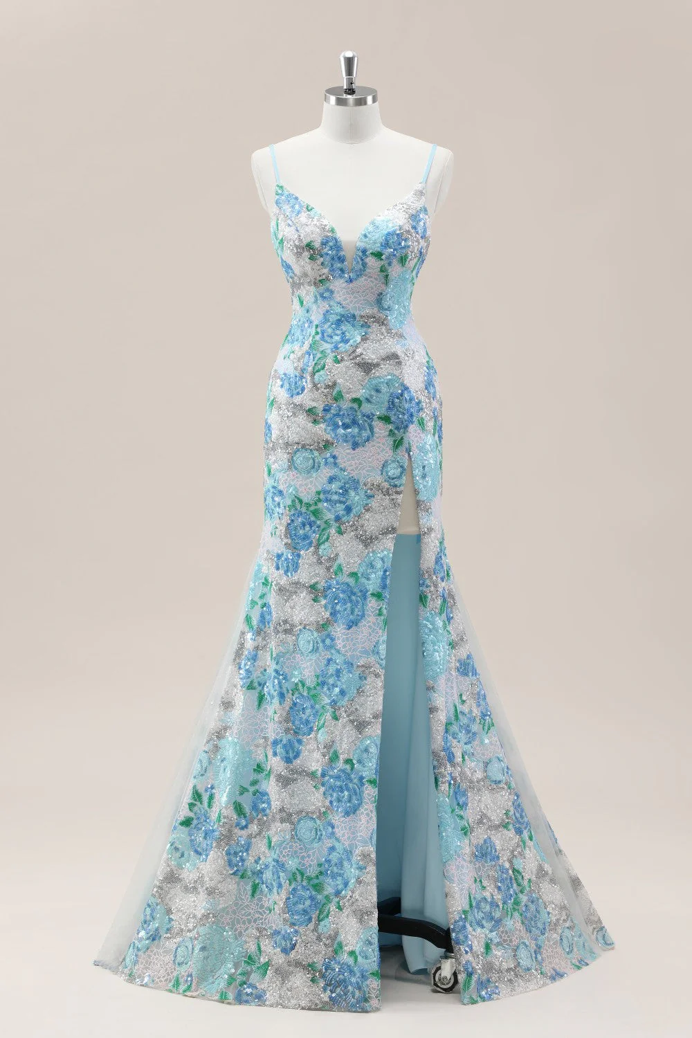 Sparkling Blue Flower Sequin Mermaid Prom Gown with Spaghetti Straps and Slit
