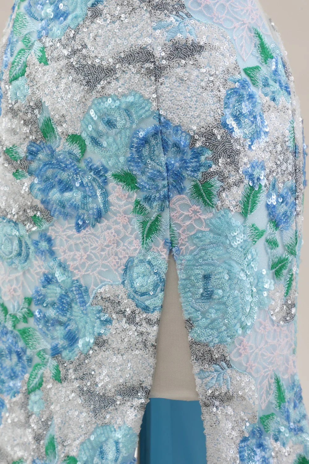 Sparkling Blue Flower Sequin Mermaid Prom Gown with Spaghetti Straps and Slit - Image 11