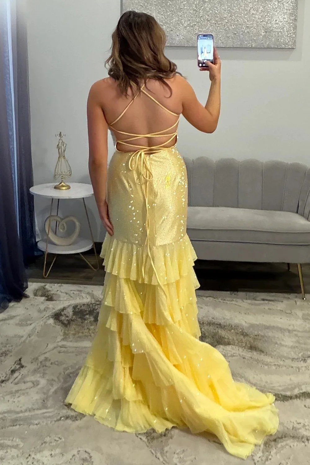 Sparkling Red Beaded Mermaid Prom Evening Gown with Ruffle Skirt - Image 6