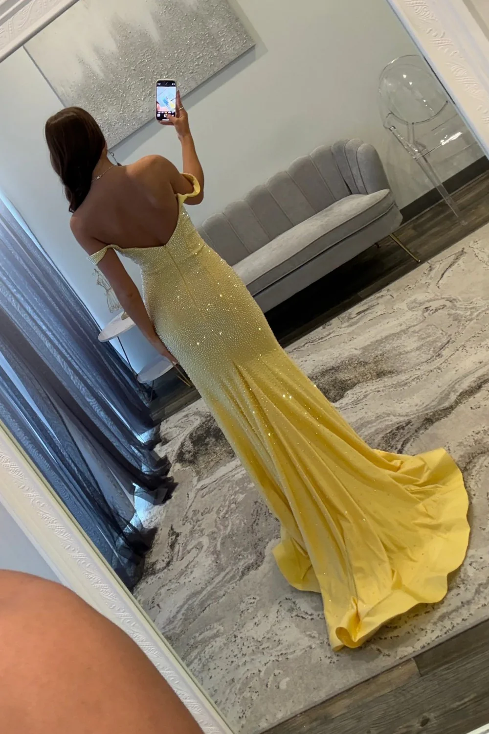 Sparkling Yellow Off Shoulder long Beaded Formal Prom Dress with Leg Slit - Image 3