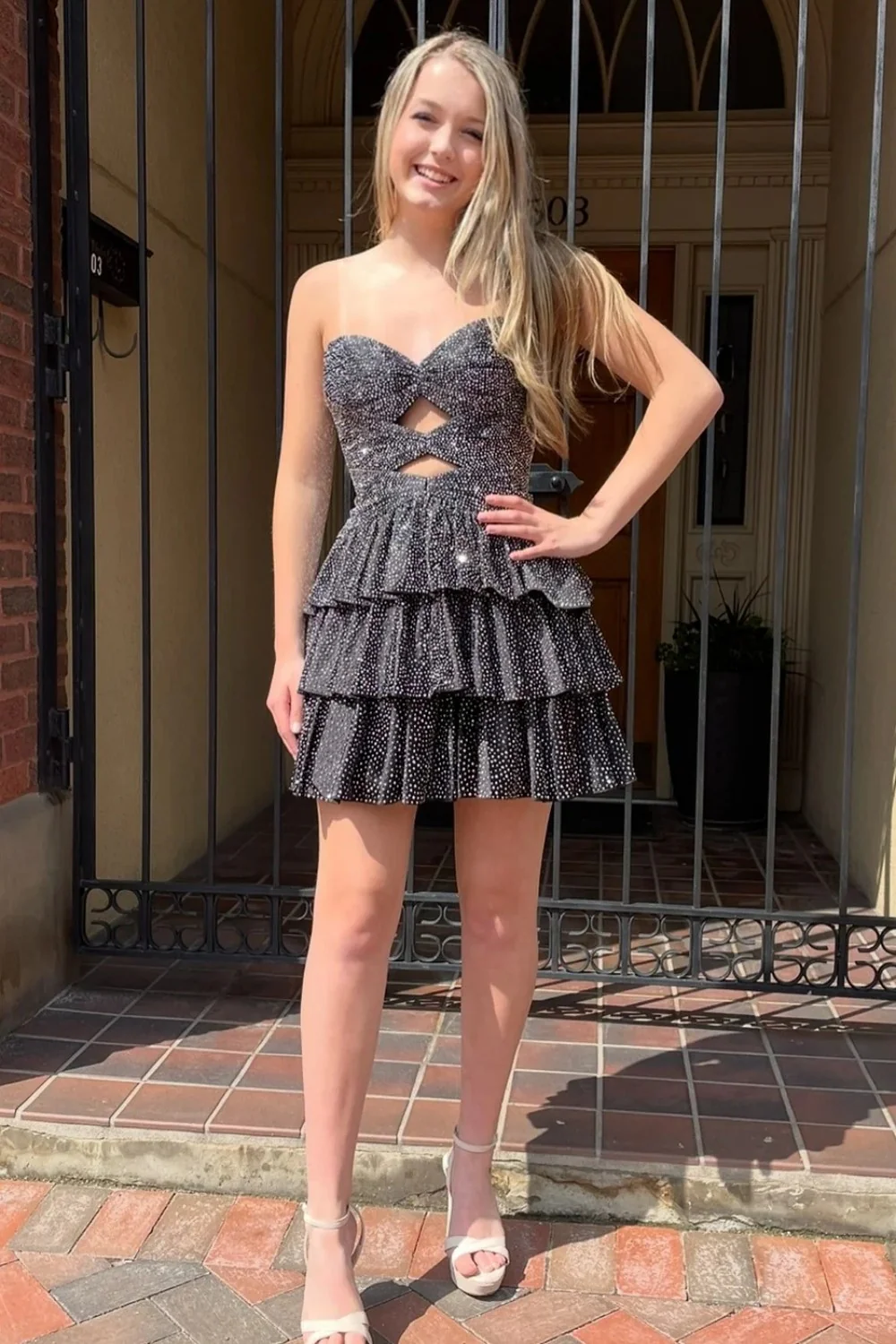 Sparkly A-Line Beaded Tiered Mini Hoco Dress with Cutout Bodice and Lace-Up Back - Image 18