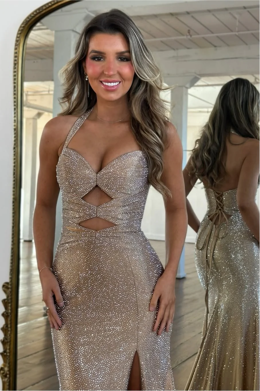 Sparkly Beaded Halter Neck Mermaid Prom Dress with Lace-Up Back - Image 17