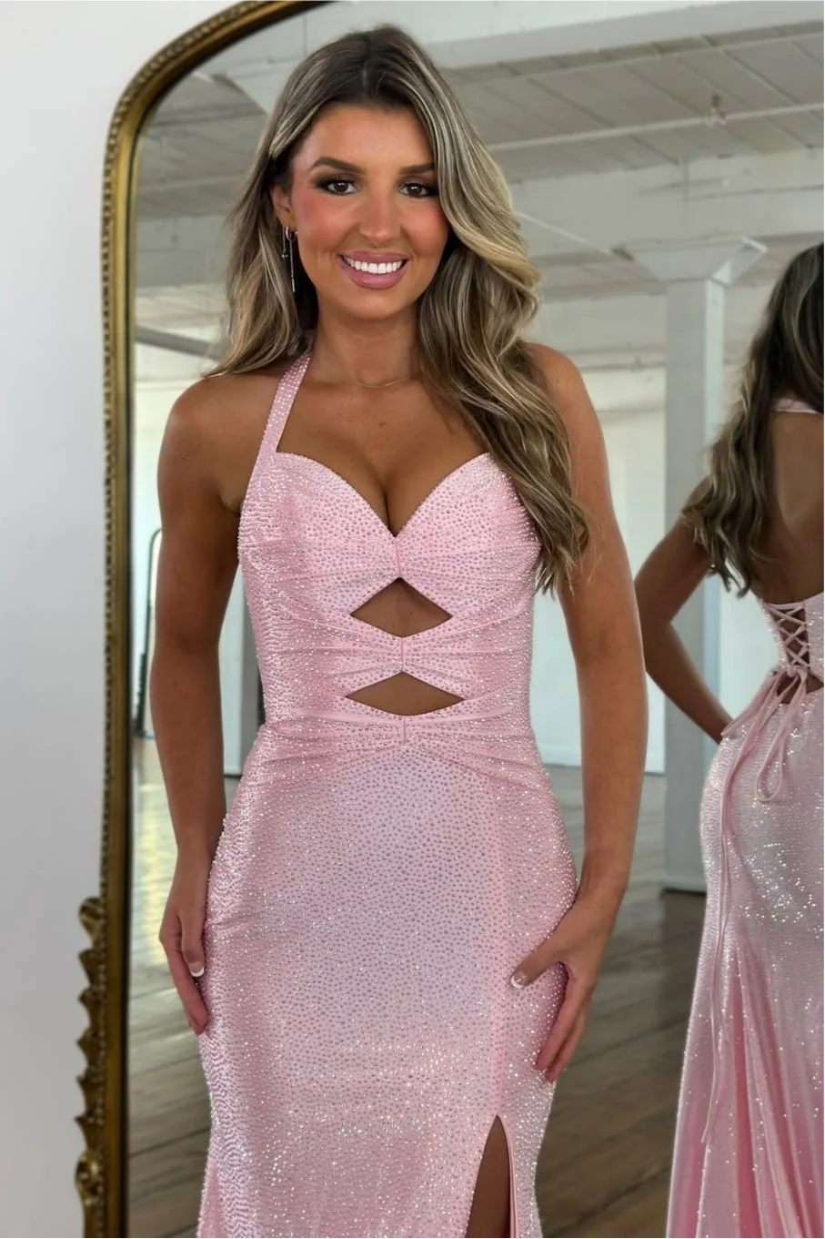 Sparkly Beaded Halter Neck Mermaid Prom Dress with Lace-Up Back - Image 3