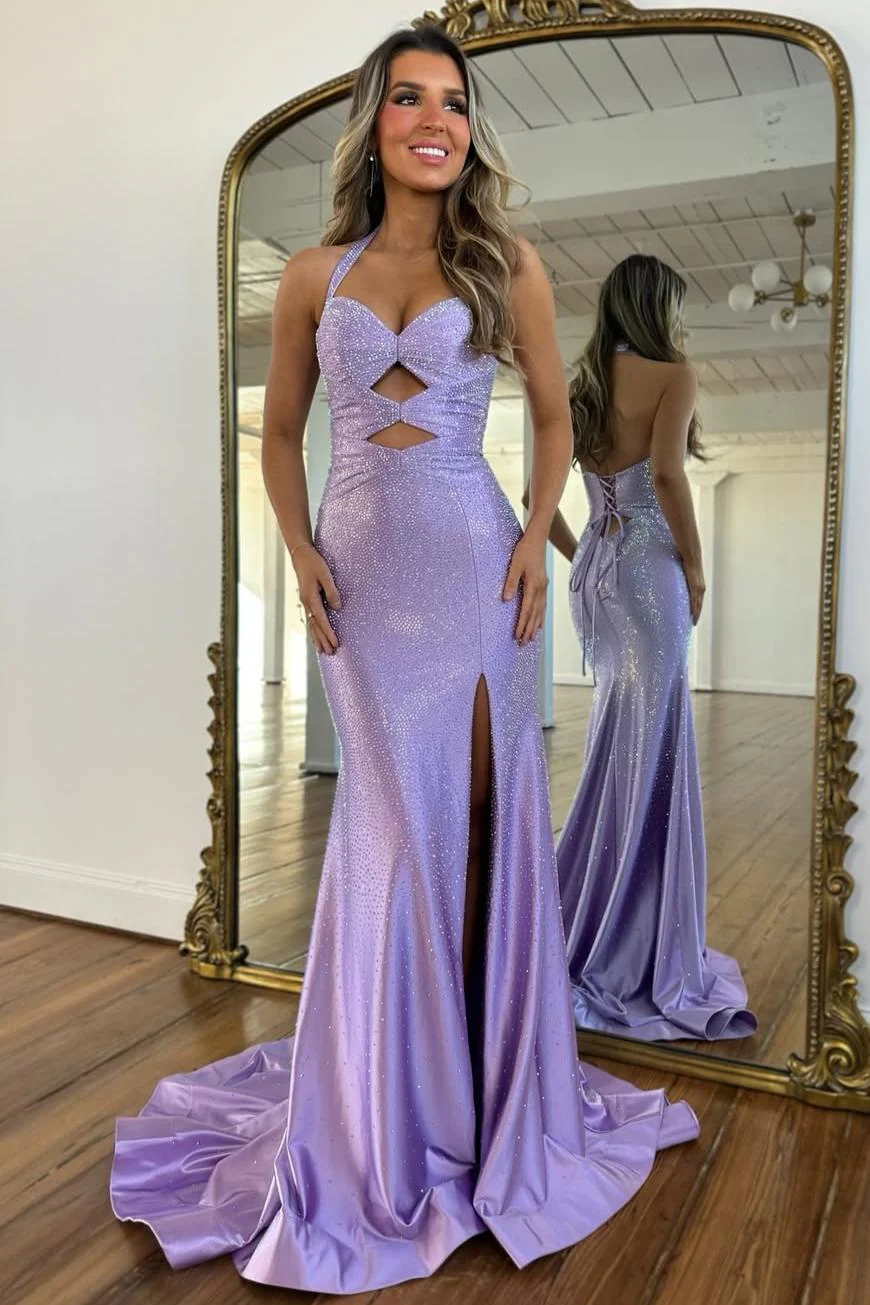 Sparkly Beaded Halter Neck Mermaid Prom Dress with Lace-Up Back - Image 9
