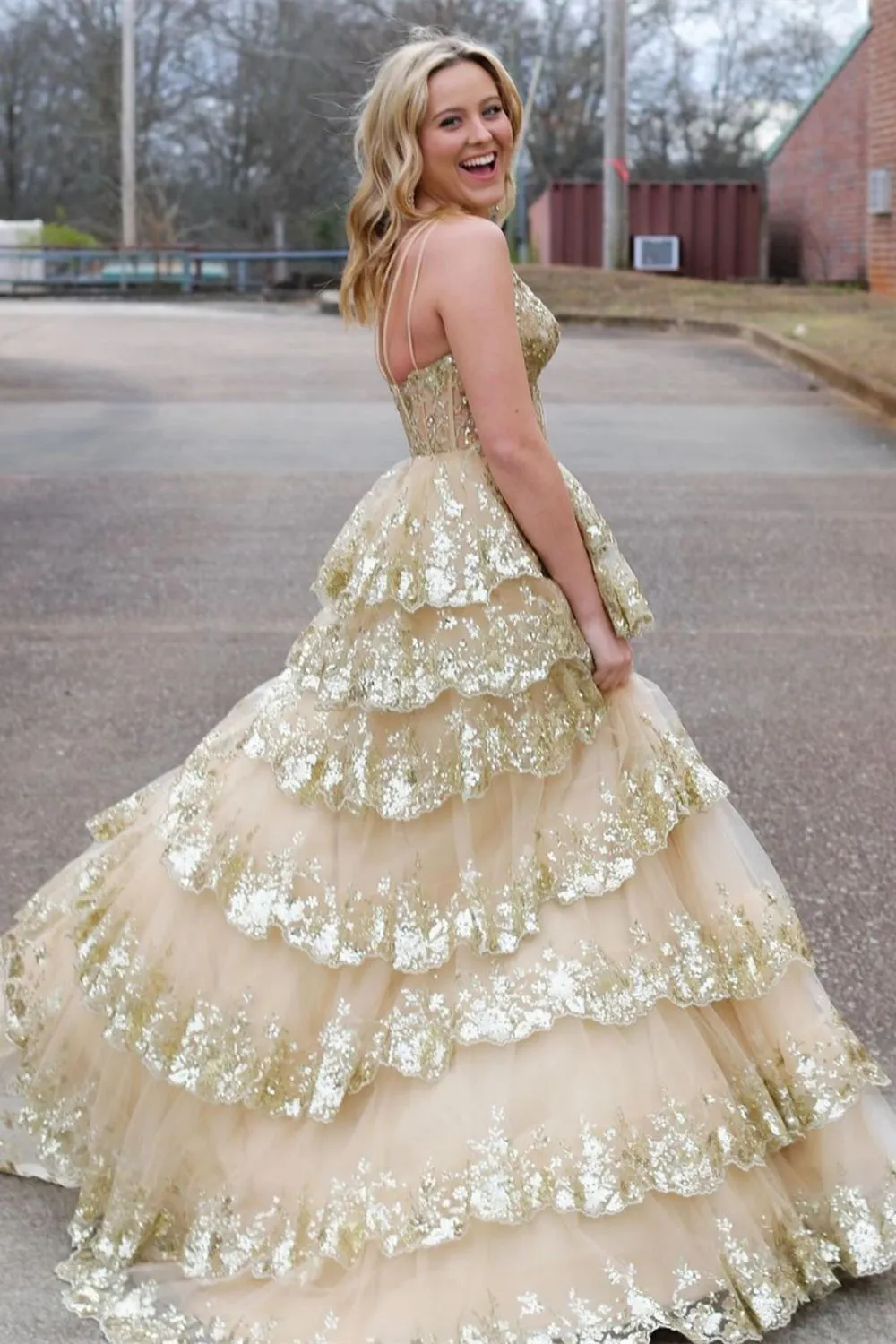 Sparkly Black Prom Dress with One Shoulder Tiered Sequin Layers and Thigh High Slit - Image 4