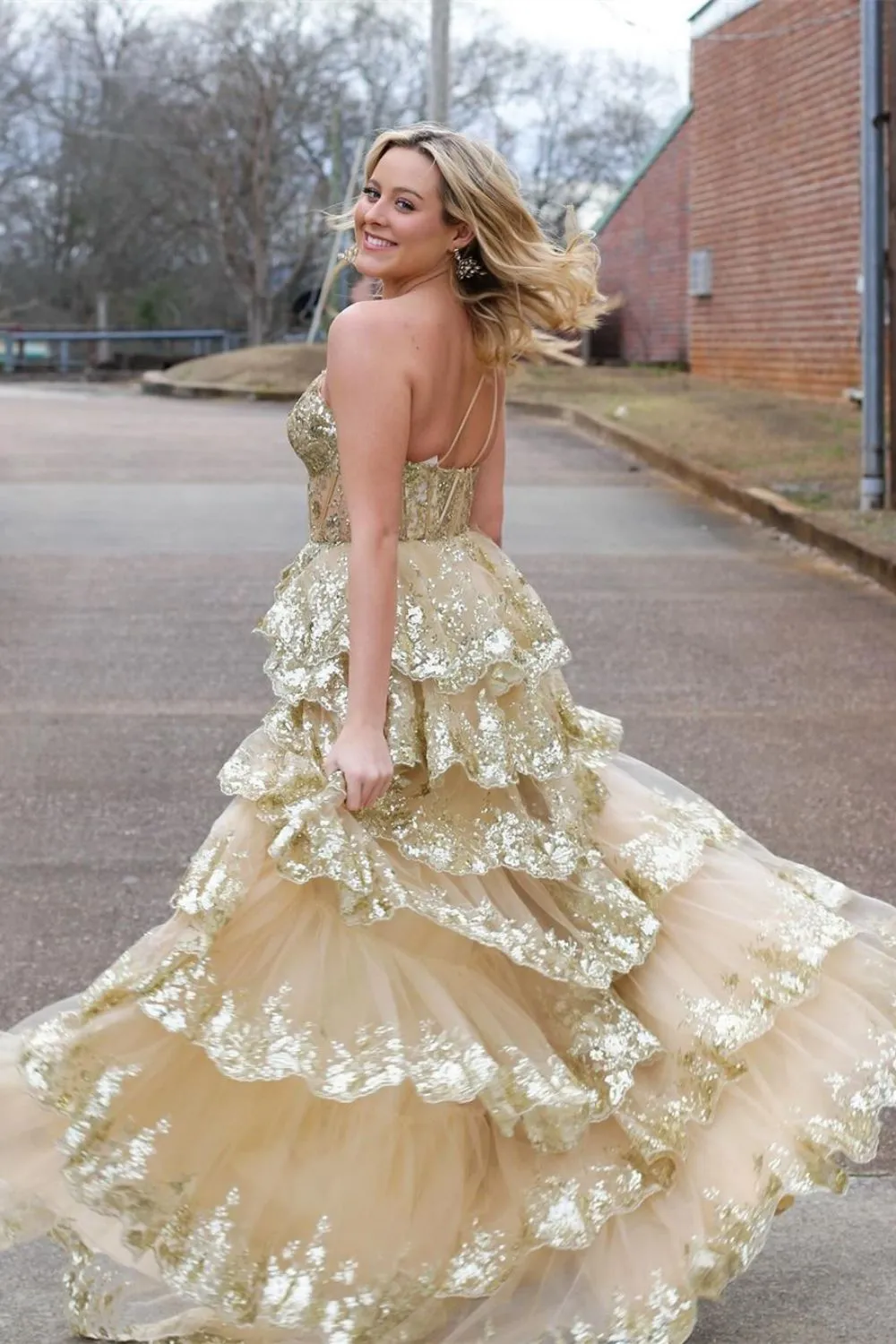 Sparkly Black Prom Dress with One Shoulder Tiered Sequin Layers and Thigh High Slit - Image 5