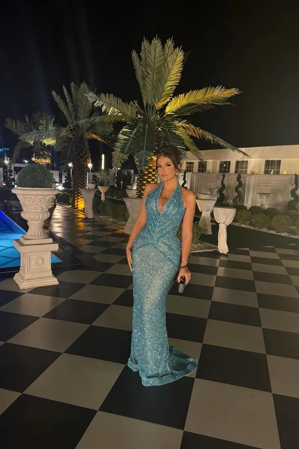 Sparkly Blue Halter Mrmaid Prom Gown with Plunging Neckline - Image 6