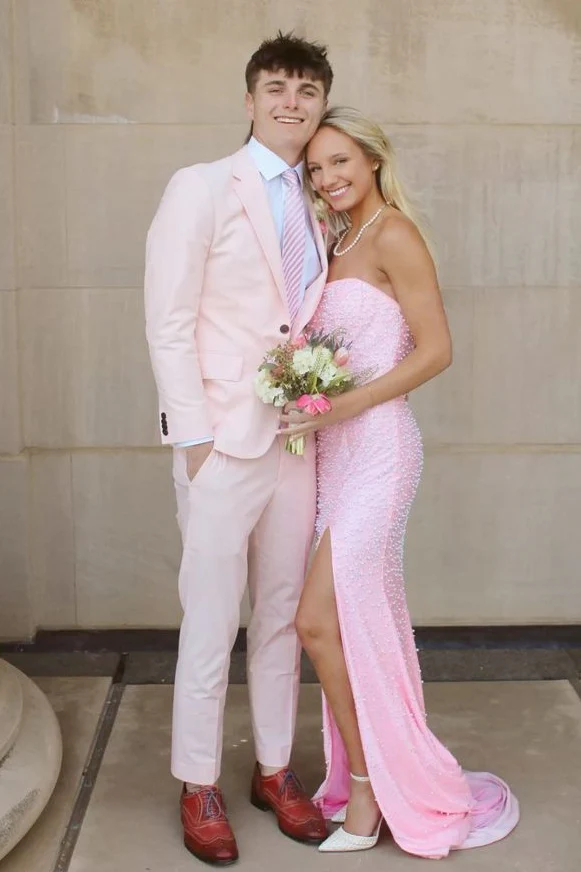 Sparkly Blush Pink Pearl Embellished Long Prom Dress with Side Slit - Image 10