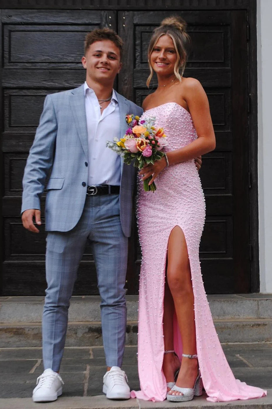 Sparkly Blush Pink Pearl Embellished Long Prom Dress with Side Slit - Image 3