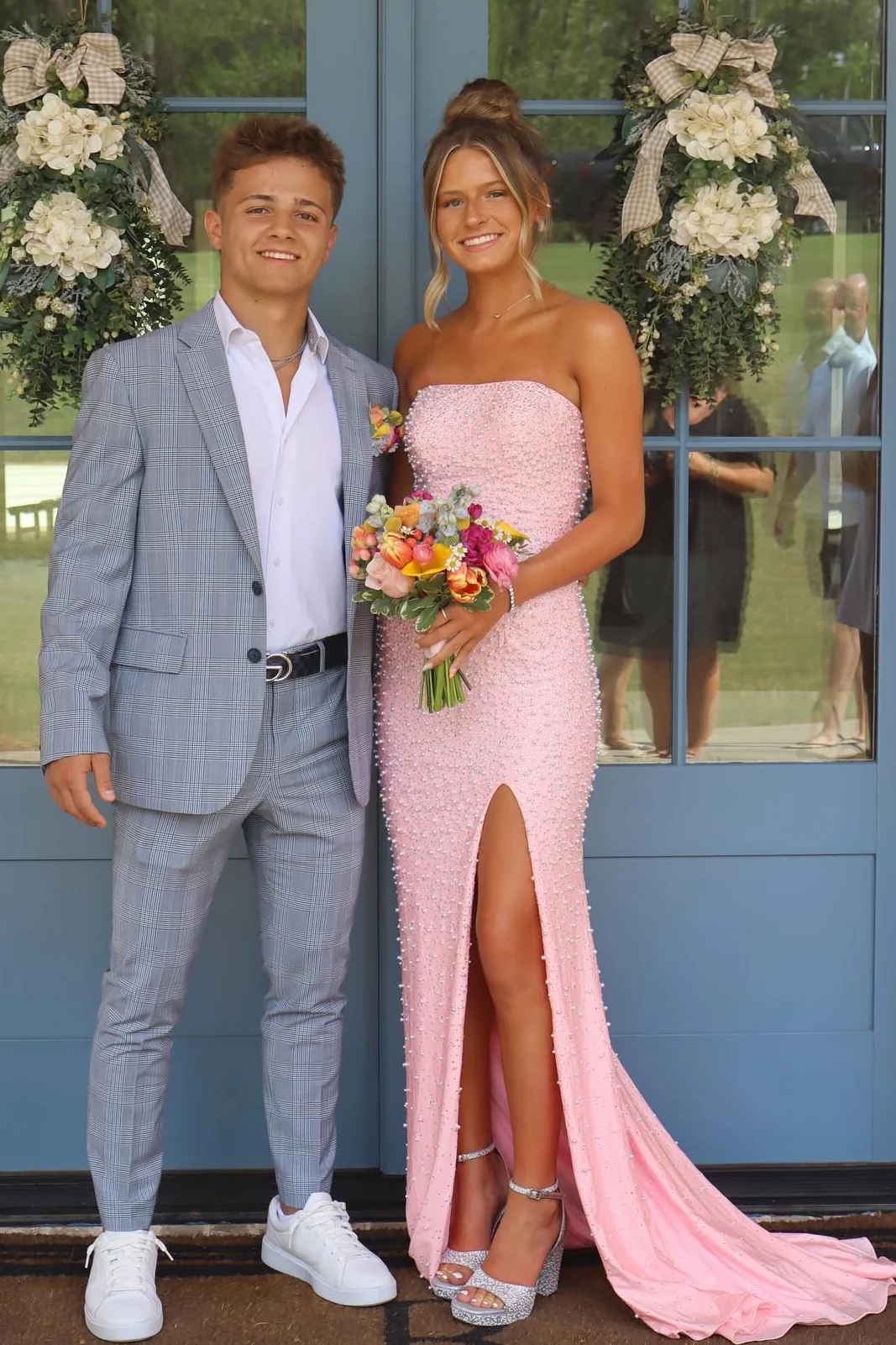 Sparkly Blush Pink Pearl Embellished Long Prom Dress with Side Slit - Image 5