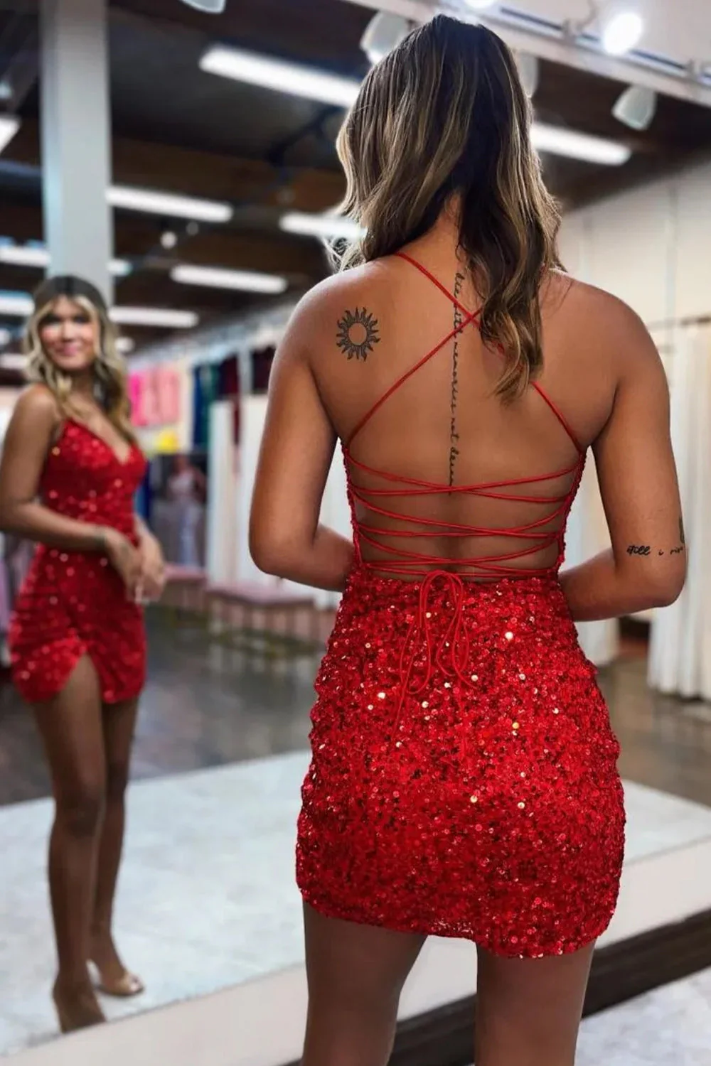 Sparkly Bodycon Style with Sequin Shine and Spaghetti Strap Lace-Up Detail Homecoming Dress - Image 8