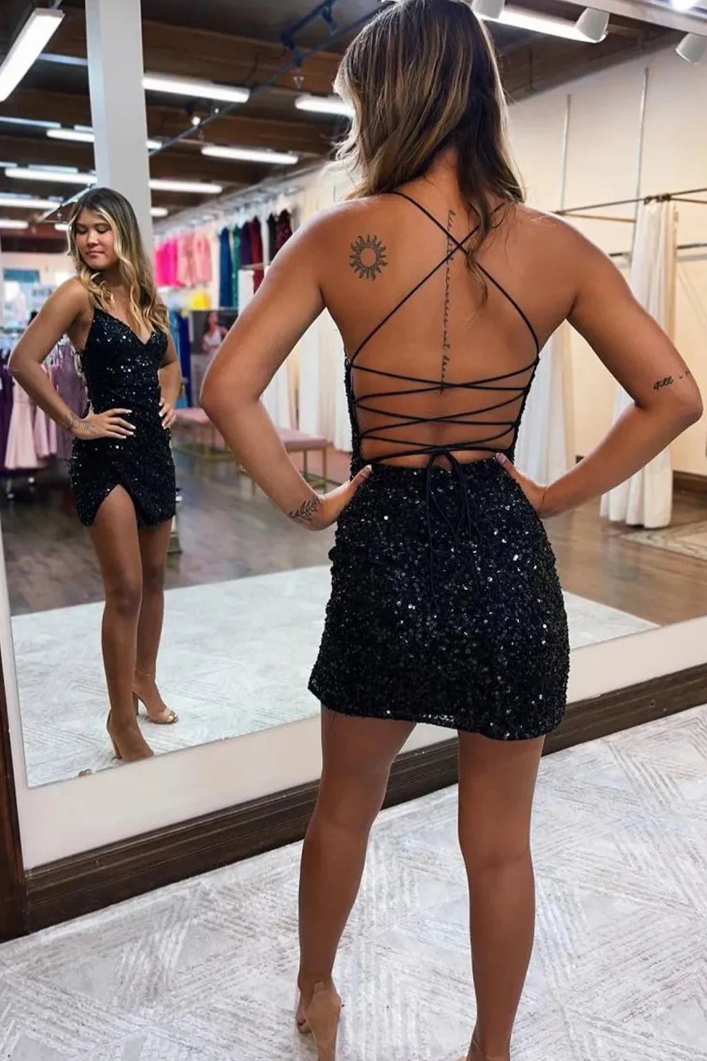 Sparkly Bodycon Style with Sequin Shine and Spaghetti Strap Lace-Up Detail Homecoming Dress - Image 9