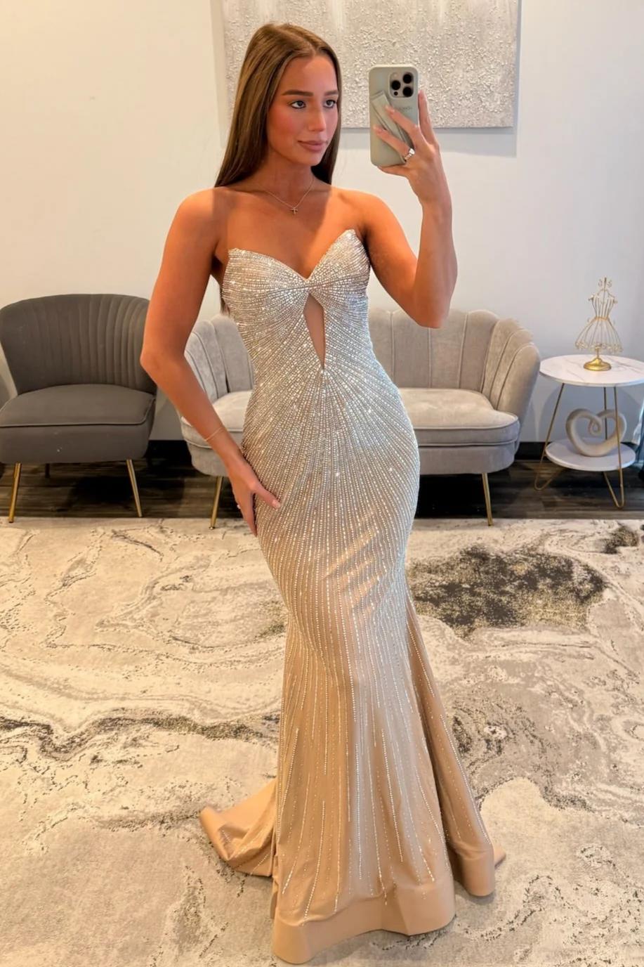 Sparkly Champagne Mermaid Strapless Long Beaded Prom Dress with Cutout - Image 4