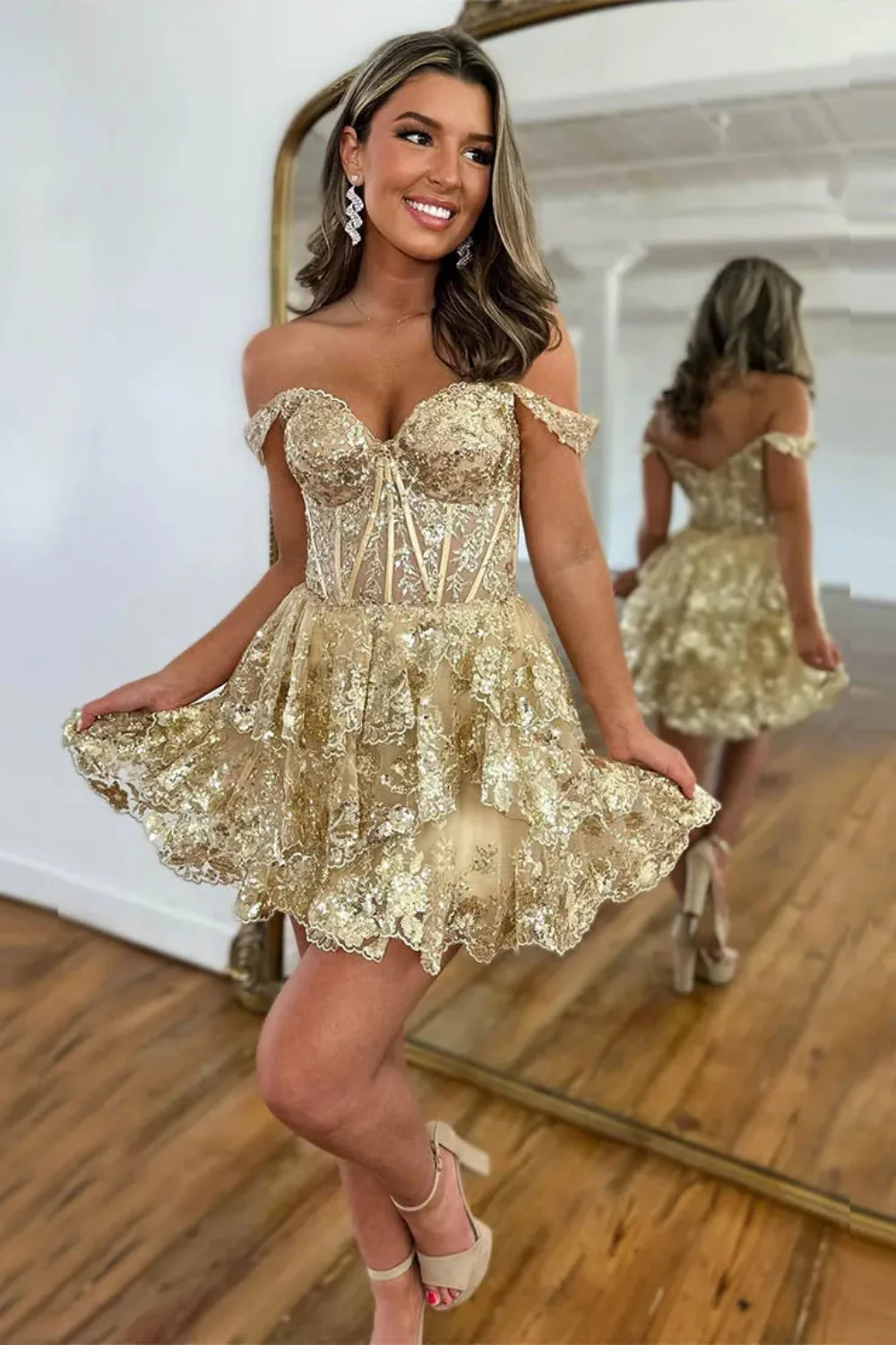 Sparkly Corset Homecoming Dress with Sequin Lace and Tiered Ruffle Skirt - Image 10