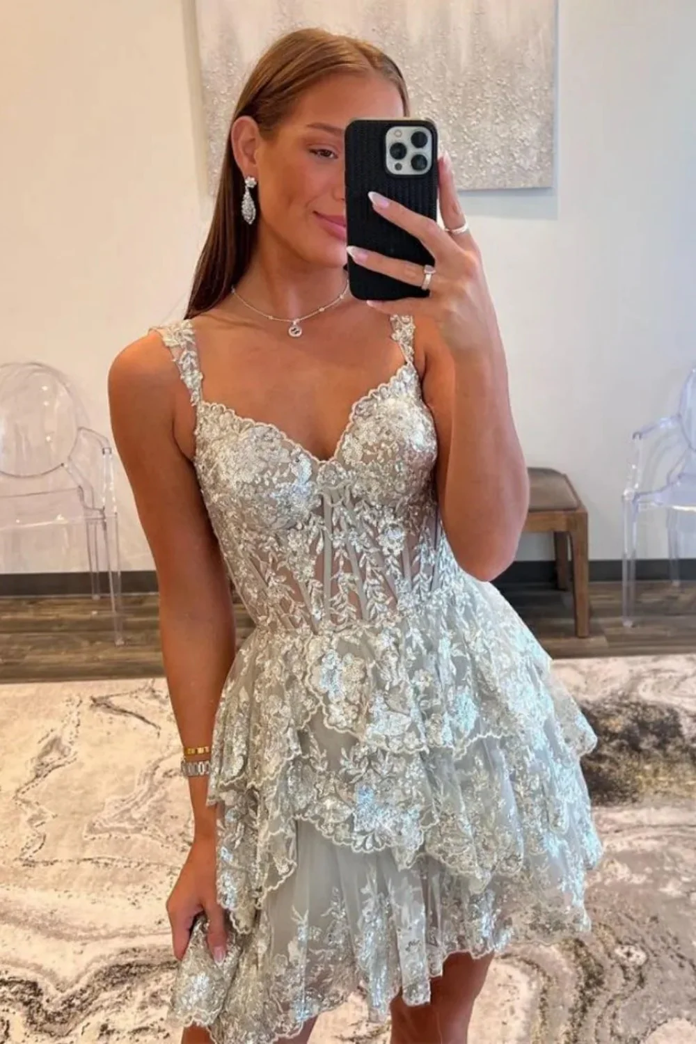 Sparkly Corset Homecoming Dress with Sequin Lace and Tiered Ruffle Skirt - Image 14