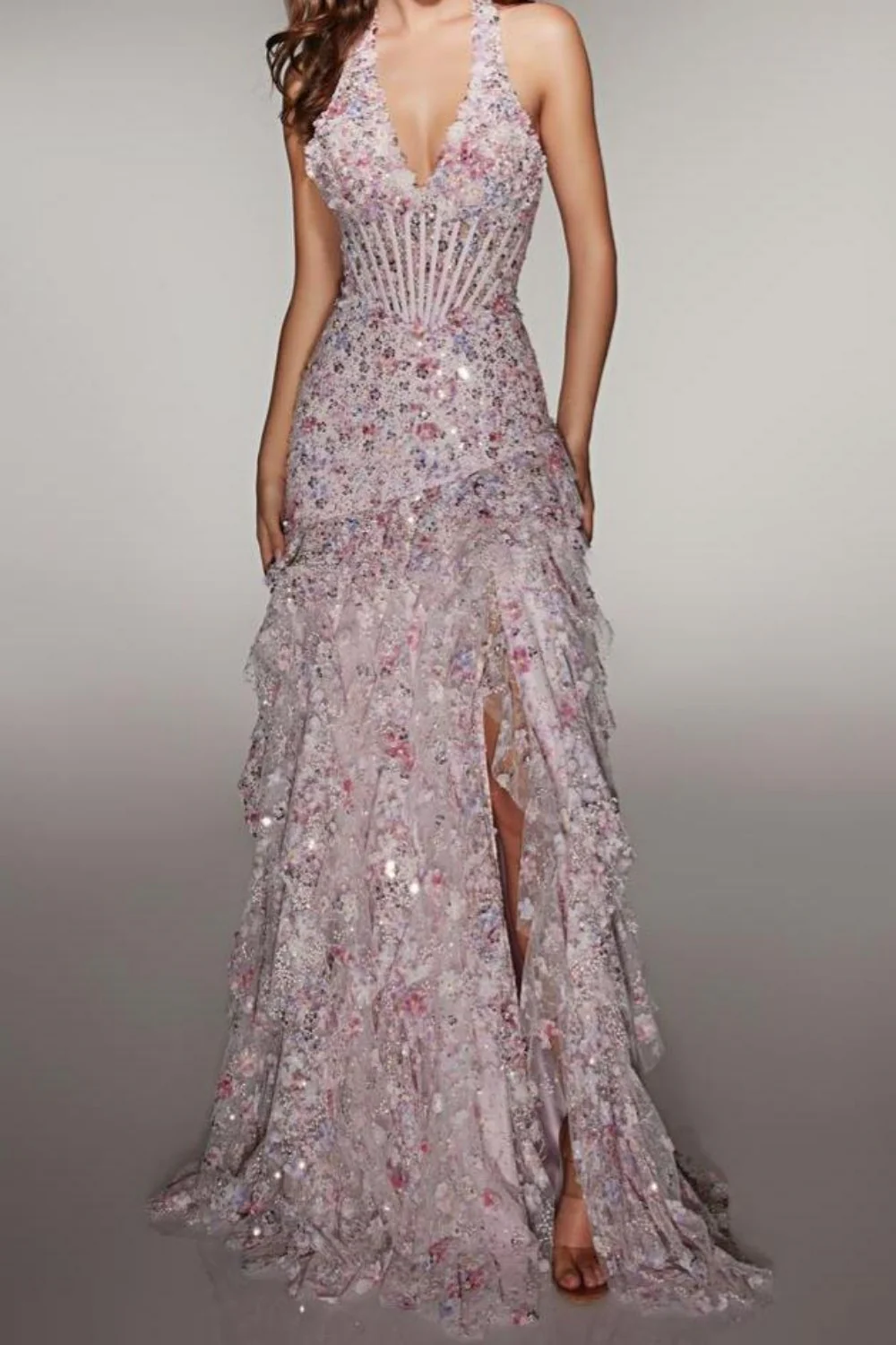Sparkly Halter Sequin Prom Dress with Corset Bodice High Slit & Ruffle Skirt - Image 2