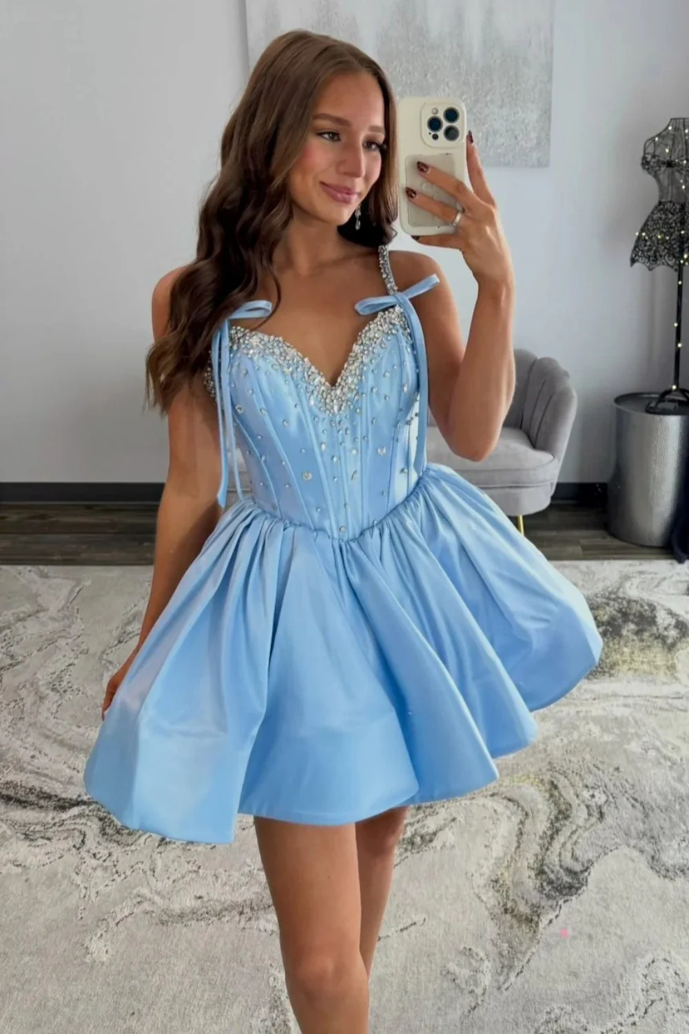 Sparkly Light Blue Corset Homecoming Dress with Rhinestone Bodice and Bow Tie Straps - Image 4