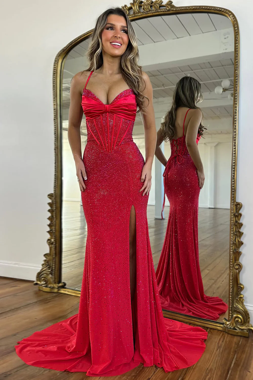 Sparkly Light Blue Spaghetti Straps Mermaid Corset Prom Dress with Slit - Image 2