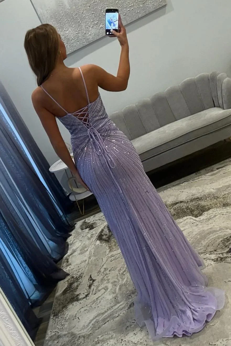 Sparkly Lilac Spaghetti Straps Long Beaded Prom Dress with Side Slit - Image 2