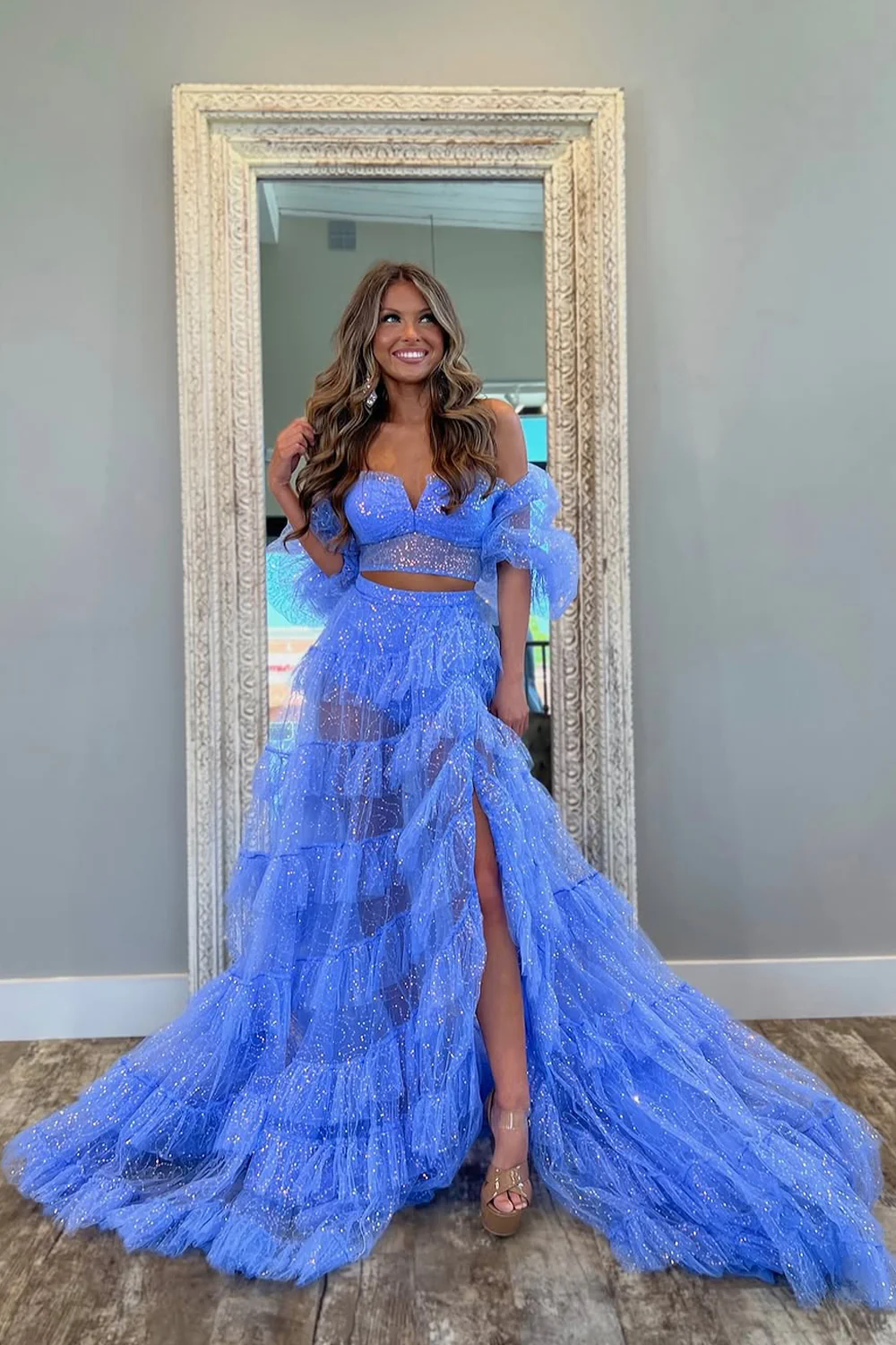 Sparkly Lovely Blue Tulle Gown with Off the Shoulder Design and Slit Prom Dress - Image 2