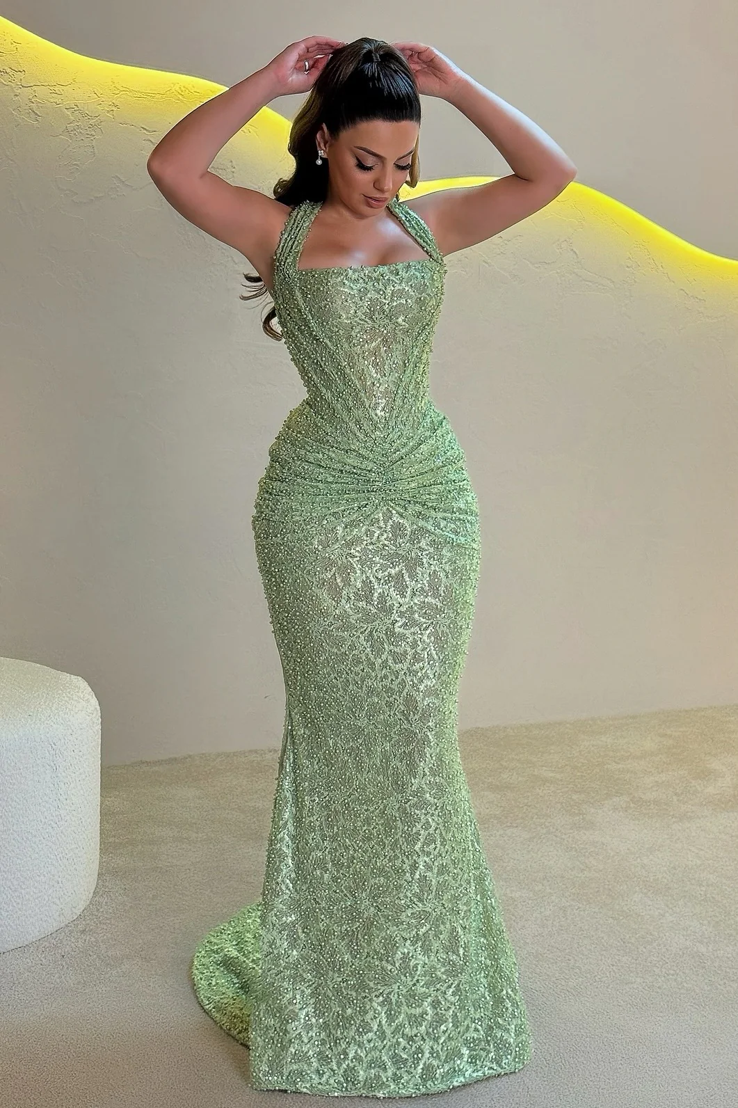 Sparkly Mermaid Halter Neck Gold Sequins Long Prom Dress with Ruched - Image 8