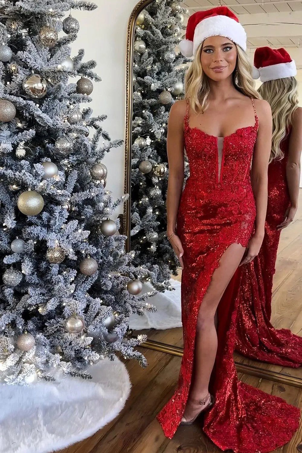 Sparkly Mermaid Prom Dress with Spaghetti Straps Lace Up Back Corset Bodice and Slit - Image 3