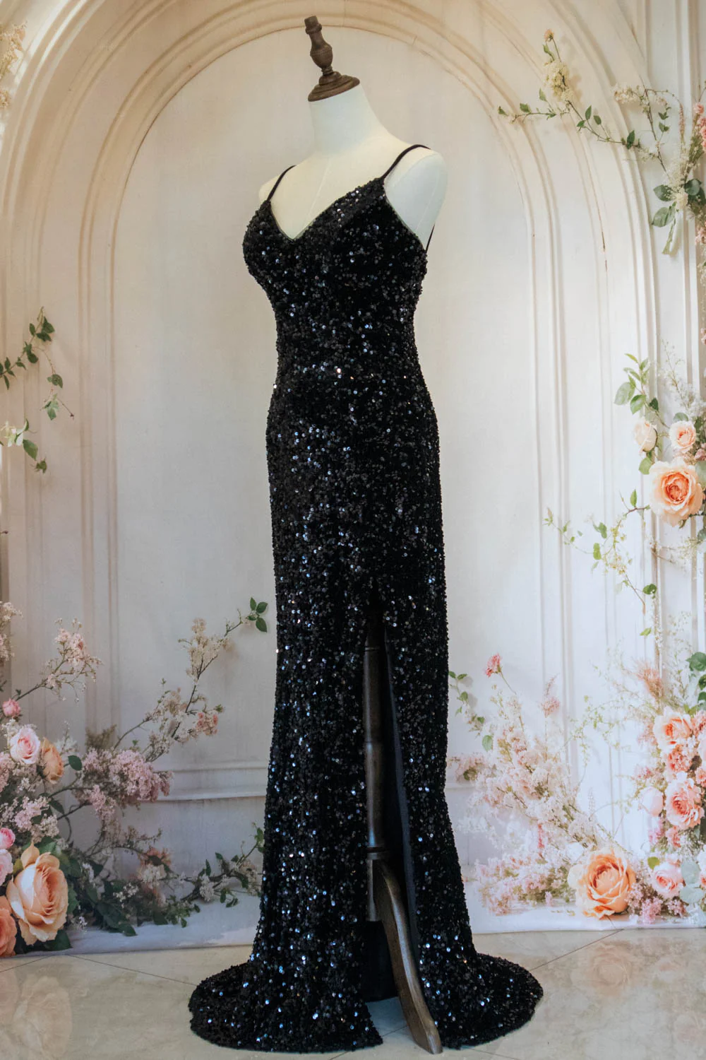 Sparkly Mermaid Spaghetti Straps Black Sequins Long Prom Dress with Criss Cross Back - Image 3
