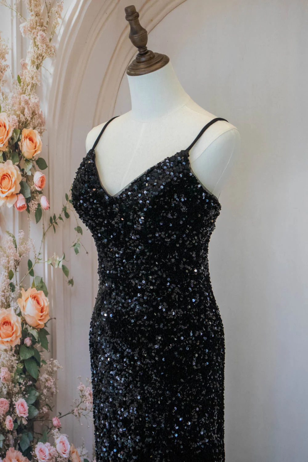 Sparkly Mermaid Spaghetti Straps Black Sequins Long Prom Dress with Criss Cross Back - Image 4