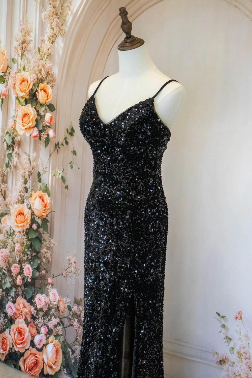 Sparkly Mermaid Spaghetti Straps Black Sequins Long Prom Dress with Criss Cross Back - Image 6