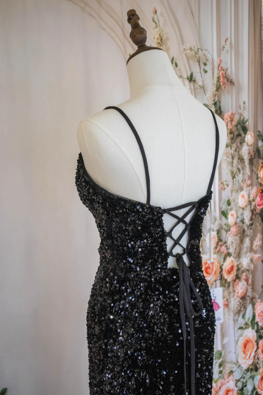 Sparkly Mermaid Spaghetti Straps Black Sequins Long Prom Dress with Criss Cross Back - Image 7