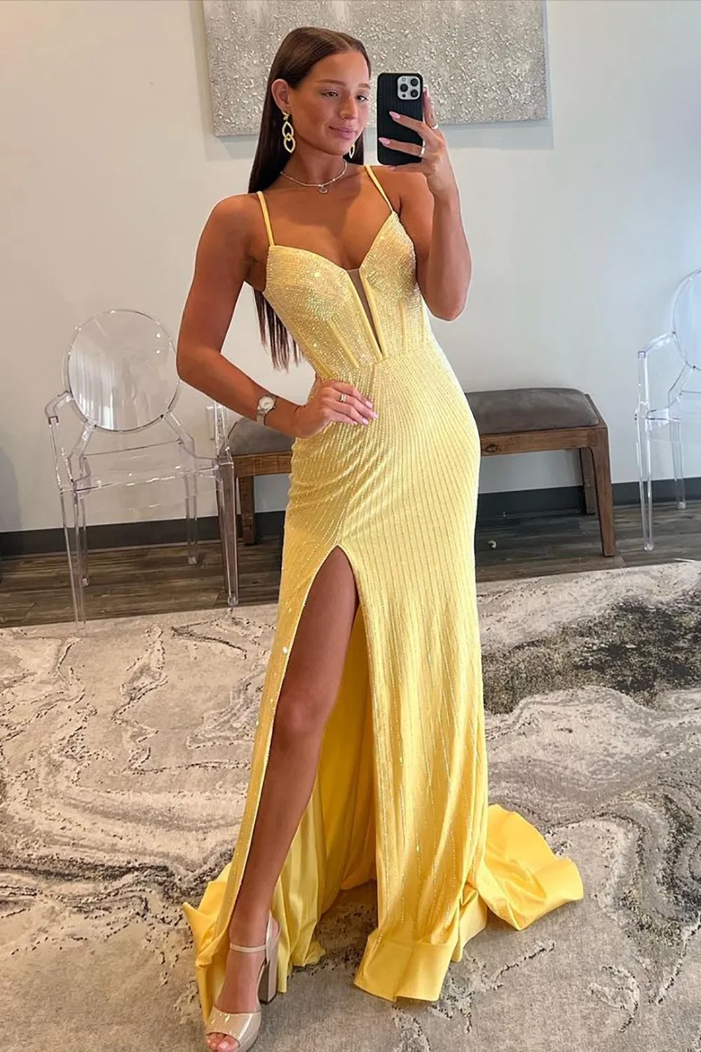 Sparkly Mermaid Spaghetti Straps Red Long Beaded Prom Dress with Beading Slit - Image 7