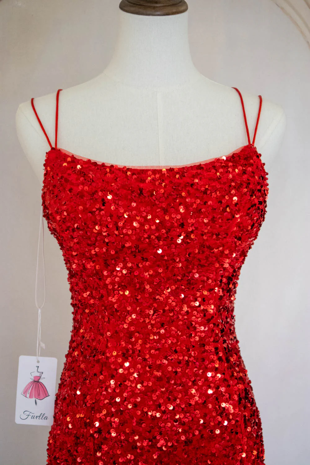 Sparkly Mermaid Spaghetti Straps Red Sequins Long Prom Dress with Criss Cross Back - Image 5