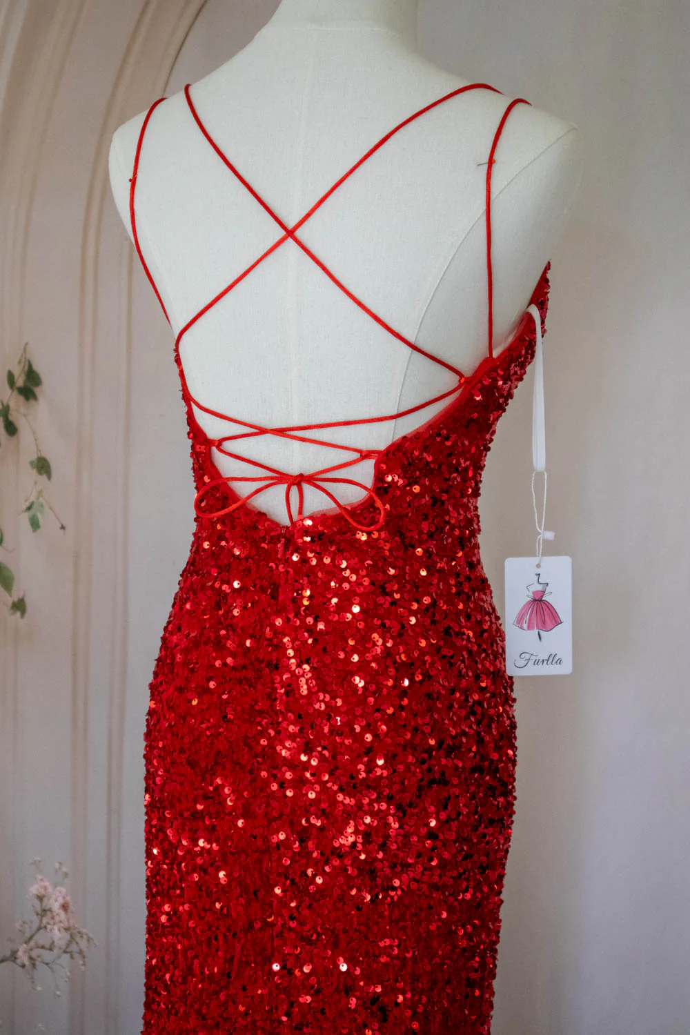 Sparkly Mermaid Spaghetti Straps Red Sequins Long Prom Dress with Criss Cross Back - Image 6