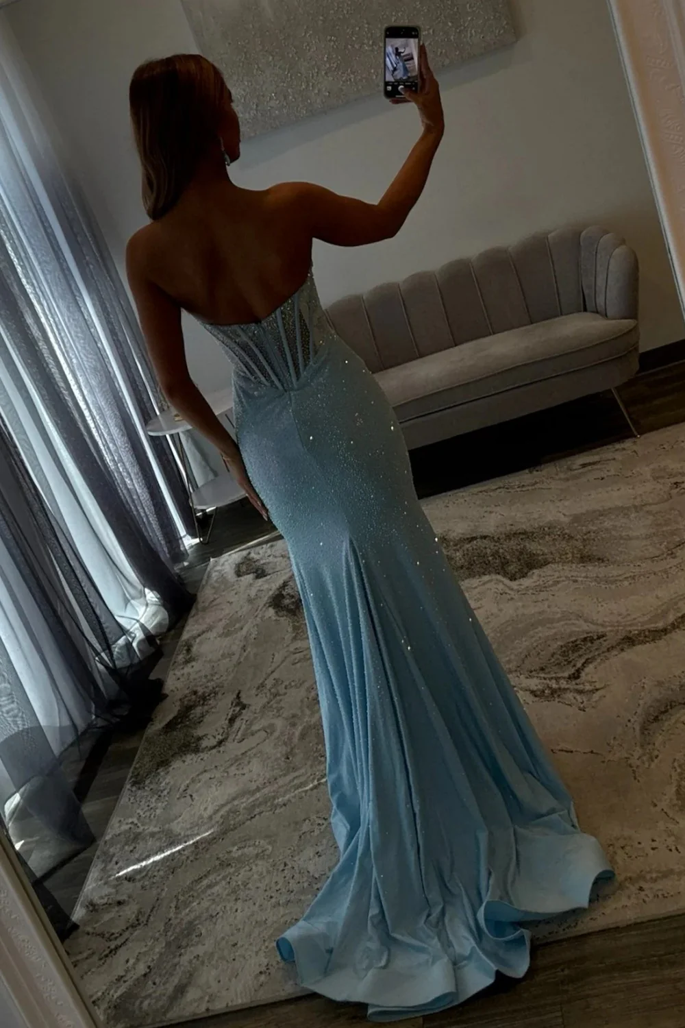 Sparkly Mermaid Strapless Light Blue Corset Prom Dress with Beading - Image 3