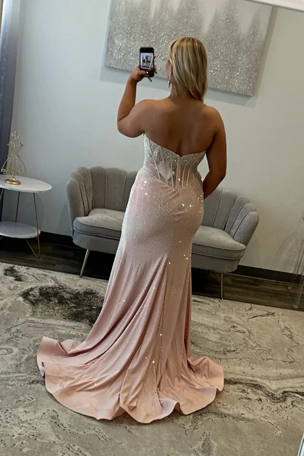 Sparkly Mermaid Strapless Light Blue Corset Prom Dress with Beading - Image 6