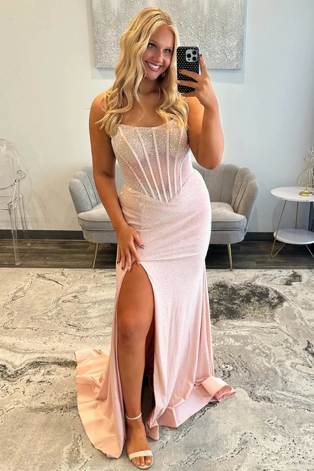 Sparkly Mermaid Strapless Light Blue Corset Prom Dress with Beading - Image 9