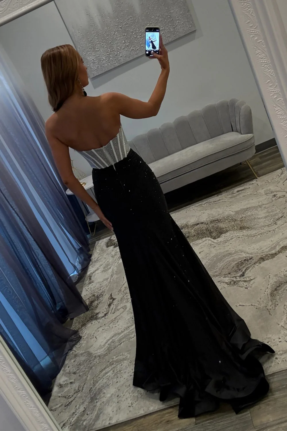 Sparkly Mermaid Sweetheart Black Corset Prom Dress with Split Front Beading - Image 3