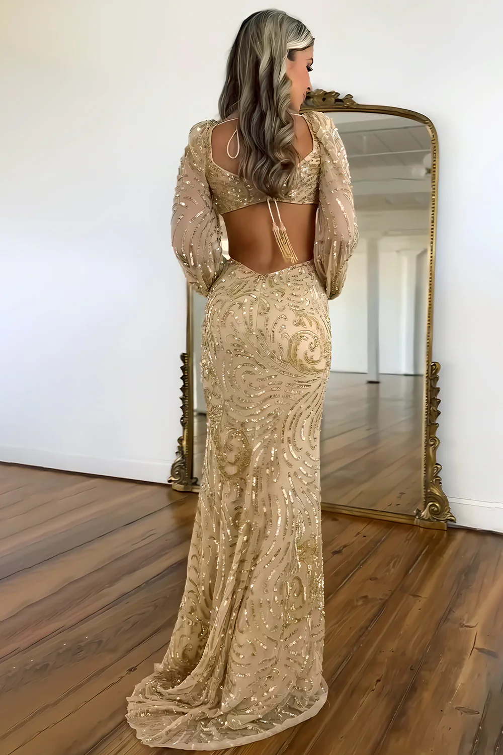 Sparkly Mermaid V-Neck Sequin Long Prom Dress with Long Sleeves - Image 2