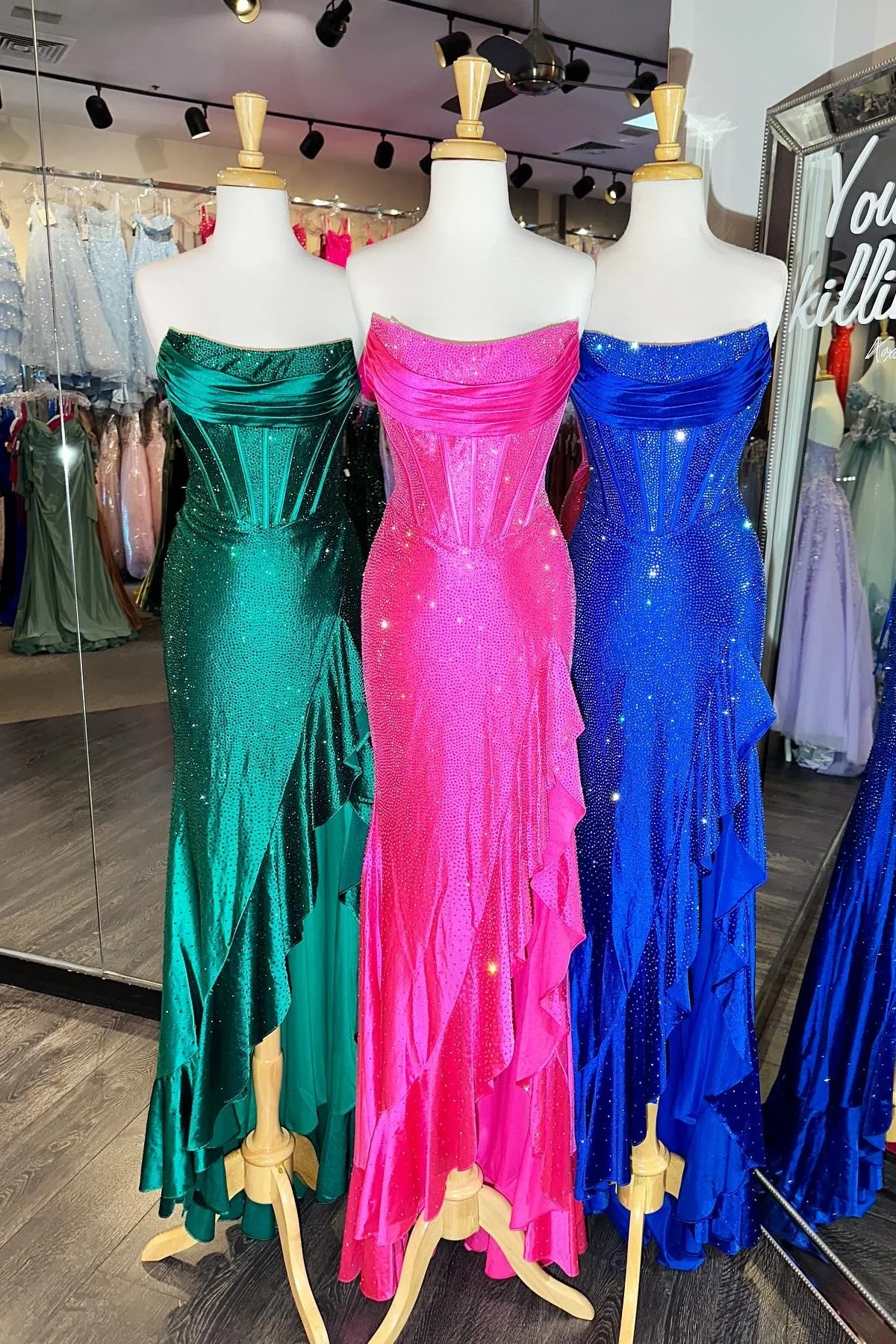 Sparkly Orange Mermaid Prom Dress with Strapless Bodice Lace Up Closure and Beaded Slit - Image 10