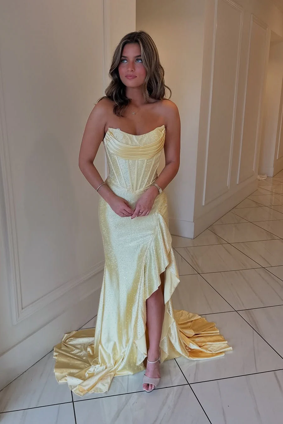 Sparkly Orange Mermaid Prom Dress with Strapless Bodice Lace Up Closure and Beaded Slit - Image 14