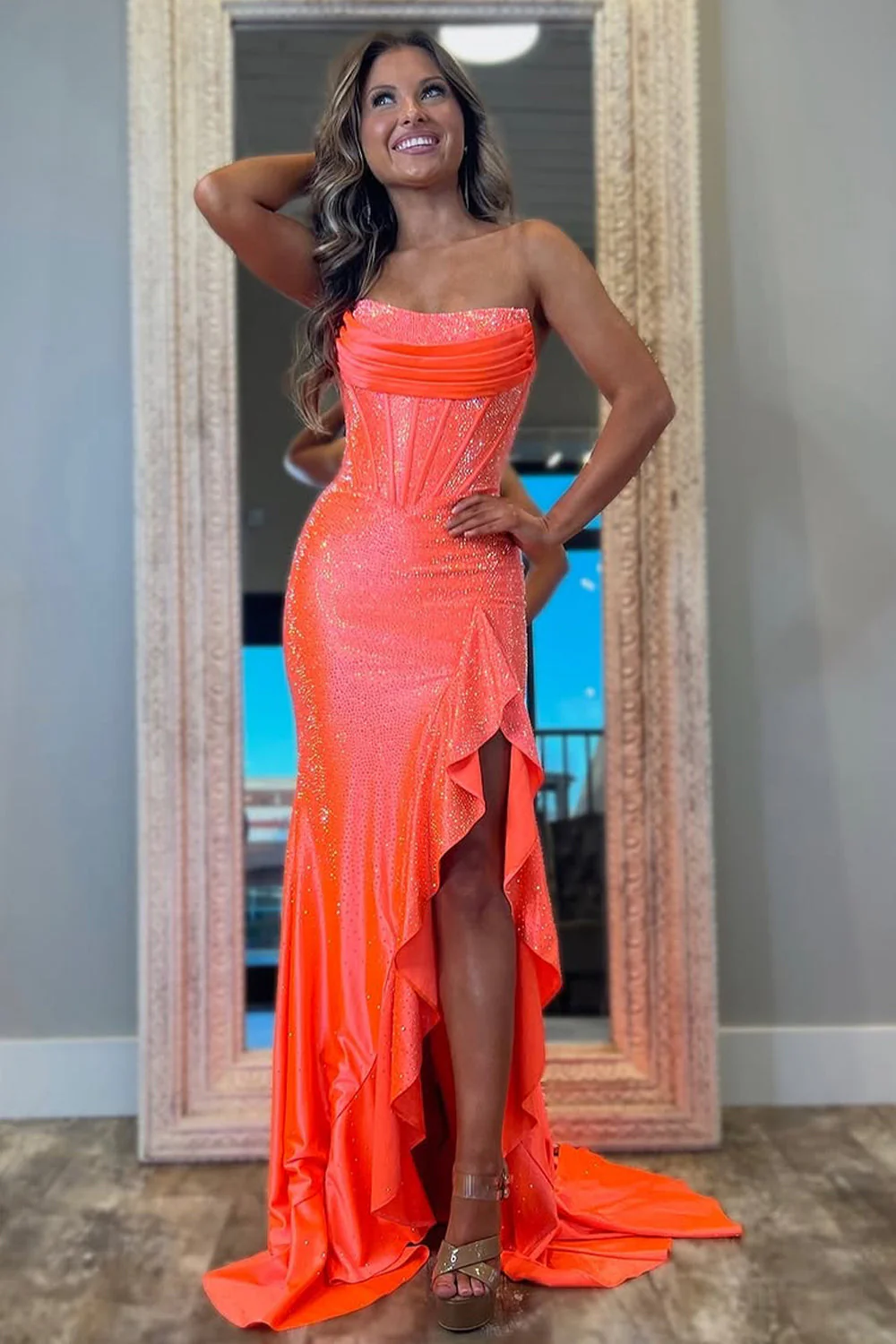 Sparkly Orange Mermaid Prom Dress with Strapless Bodice Lace Up Closure and Beaded Slit - Image 2