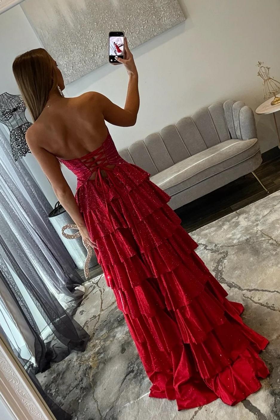 Sparkly Red Strapless Lace Up Tiered Ruffle Prom Dres with Cutout and Slit - Image 2
