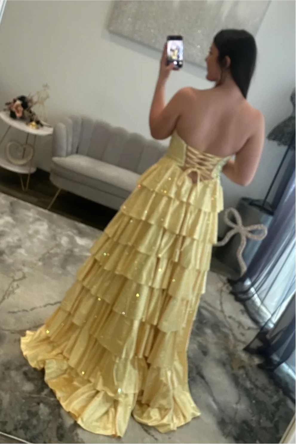 Sparkly Red Strapless Lace Up Tiered Ruffle Prom Dres with Cutout and Slit - Image 23