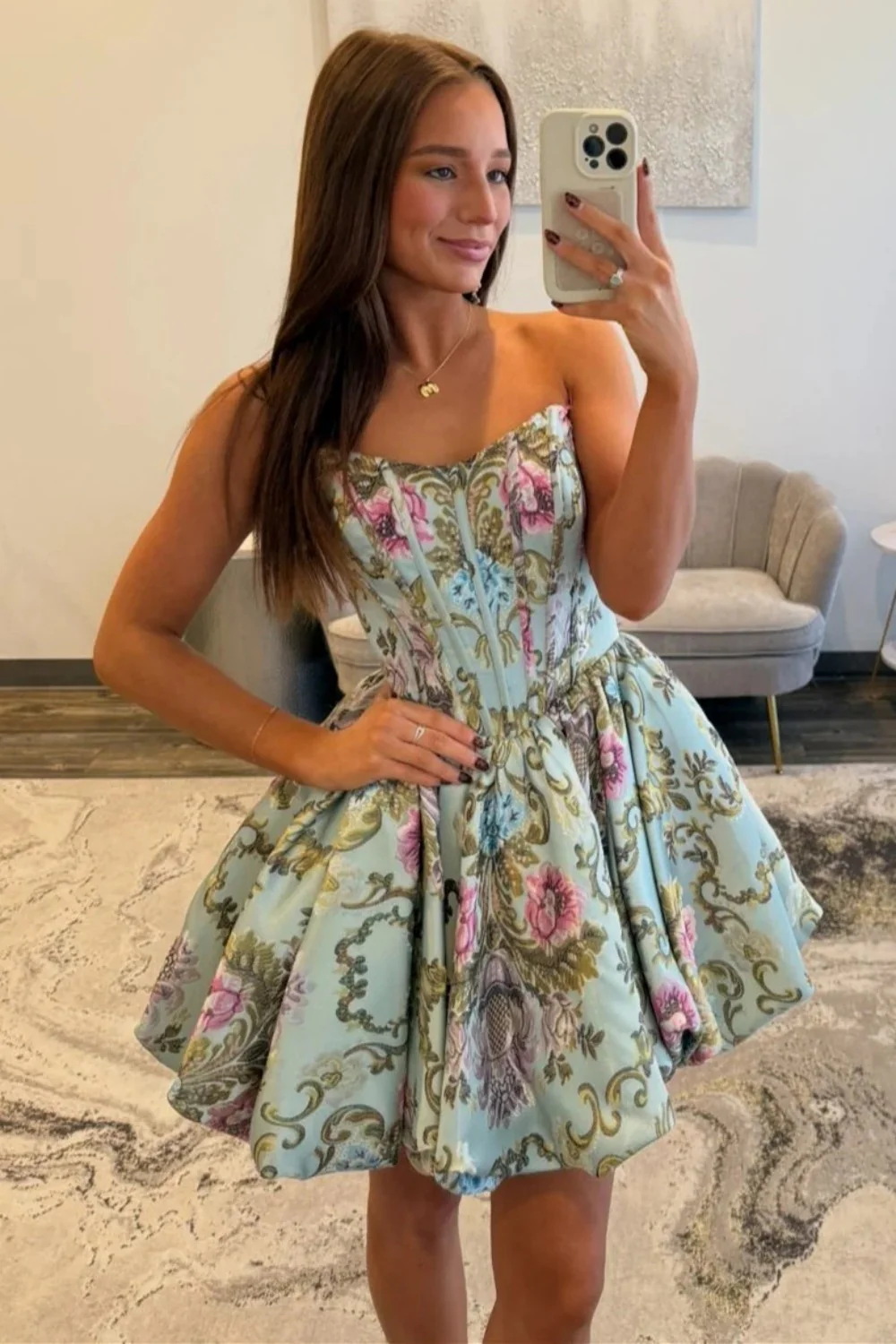 Strapless A-Line Floral Print Corset Homecoming Dress with Flared Skirt - Image 4