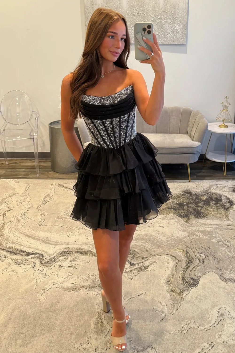 Strapless Corset Homecoming Dress with Beading Detail and Tiered Tulle Skirt - Image 4