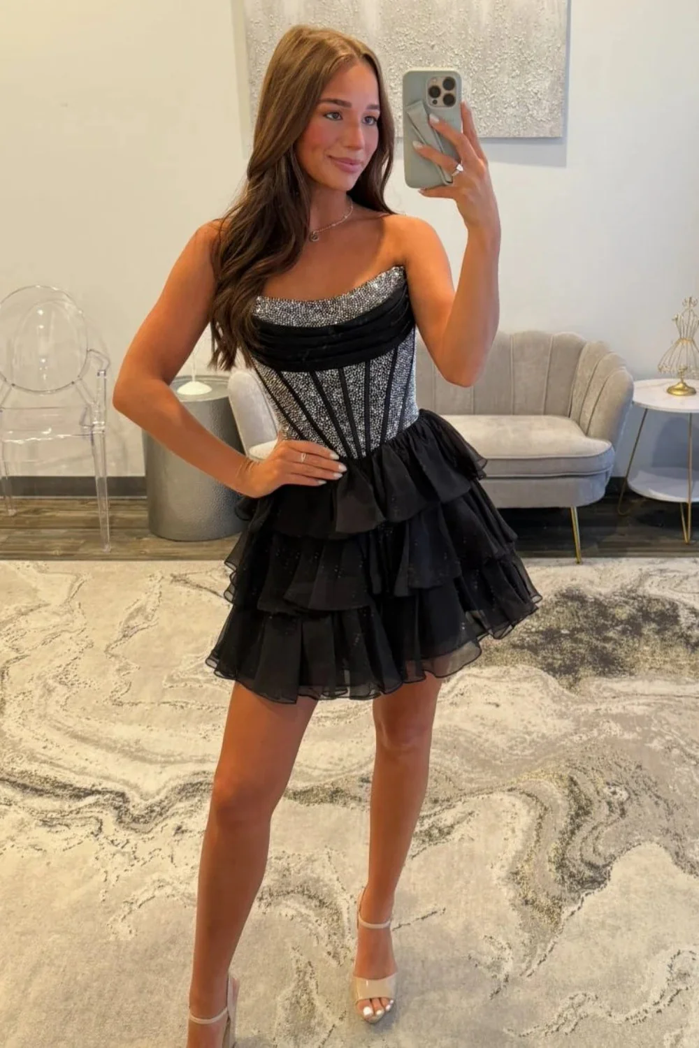Strapless Corset Homecoming Dress with Beading Detail and Tiered Tulle Skirt - Image 5