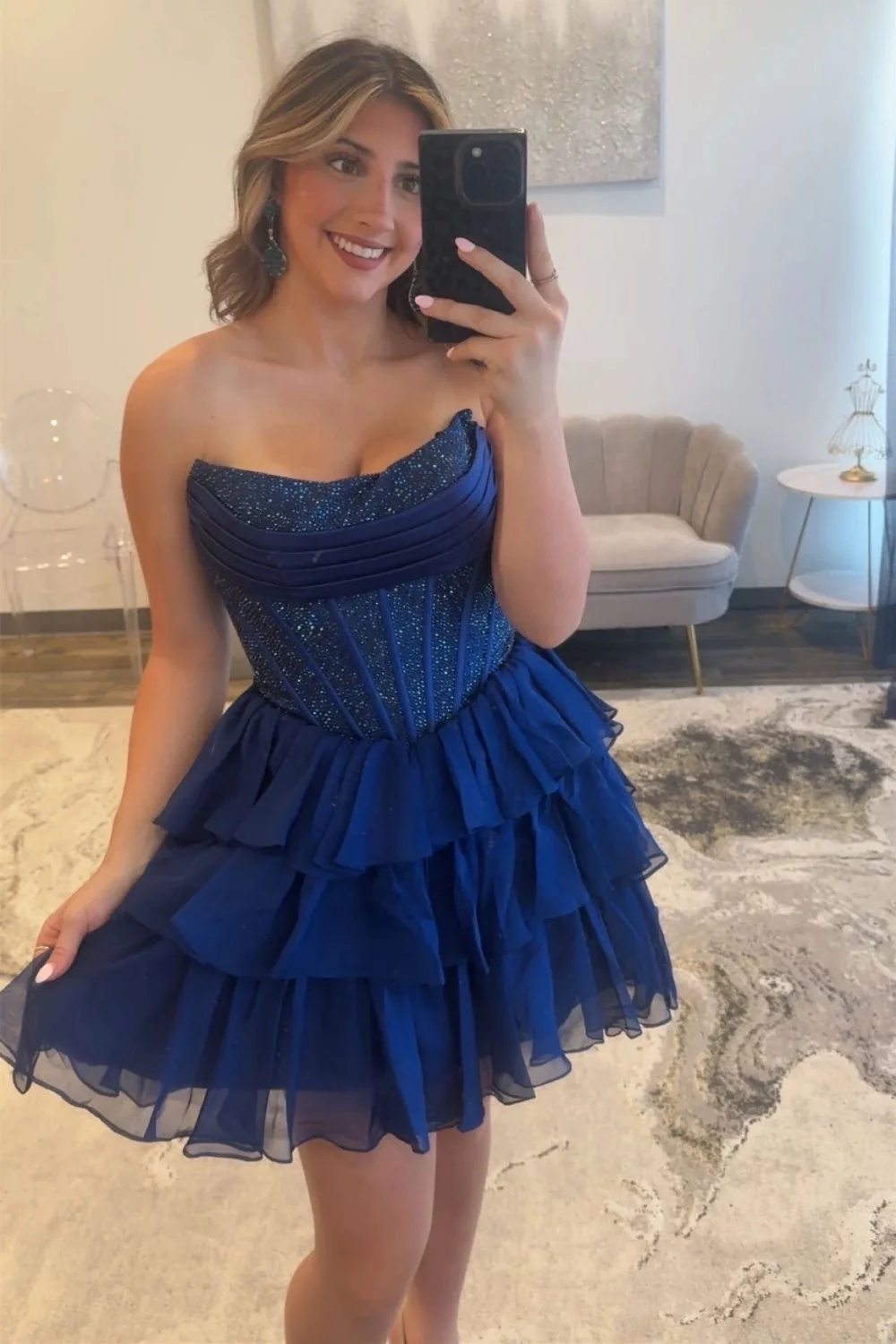 Strapless Corset Homecoming Dress with Beading Detail and Tiered Tulle Skirt - Image 8