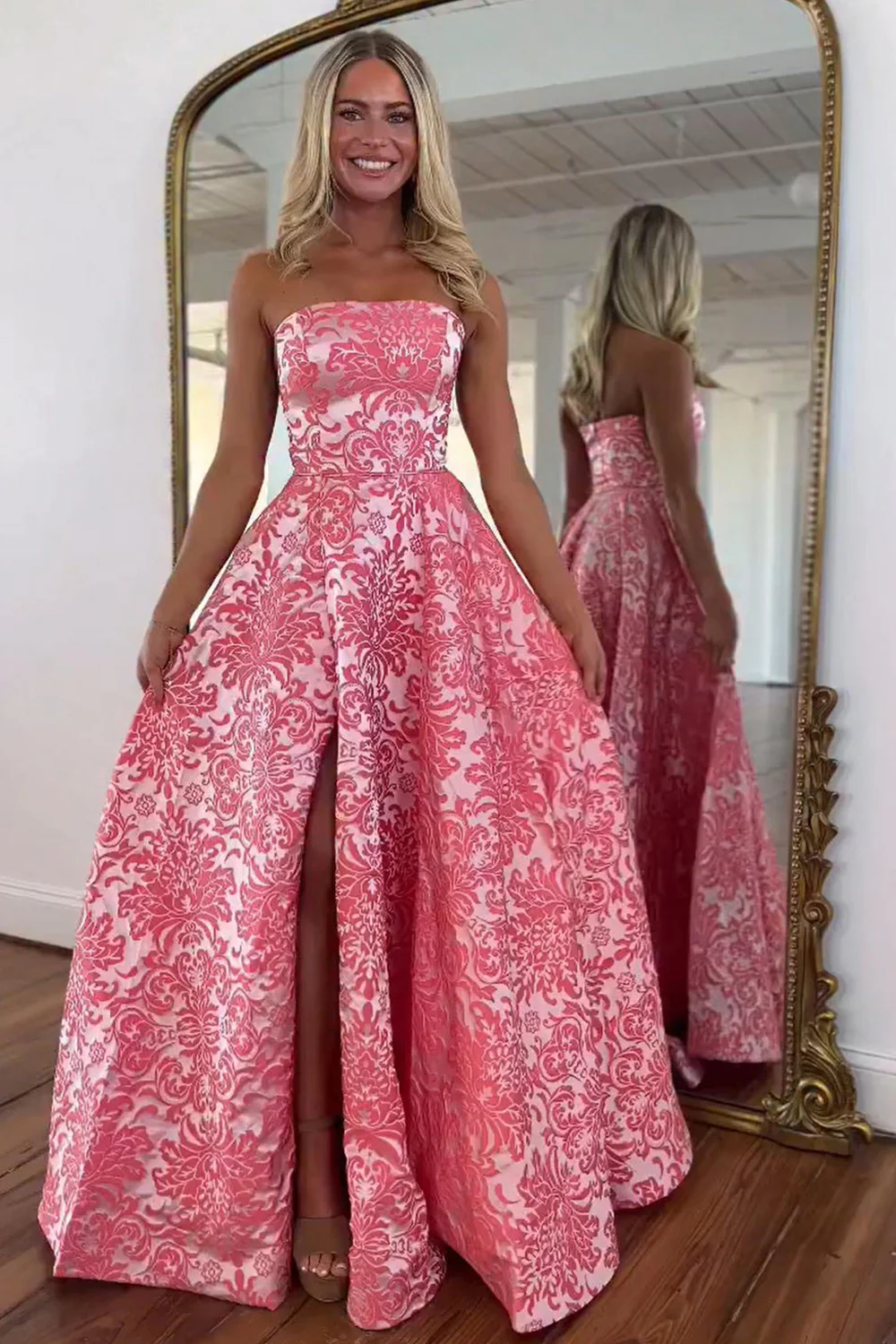 Strapless Floral Prom Dress with Front Slit  Elegant A-Line Evening Gown - Image 2