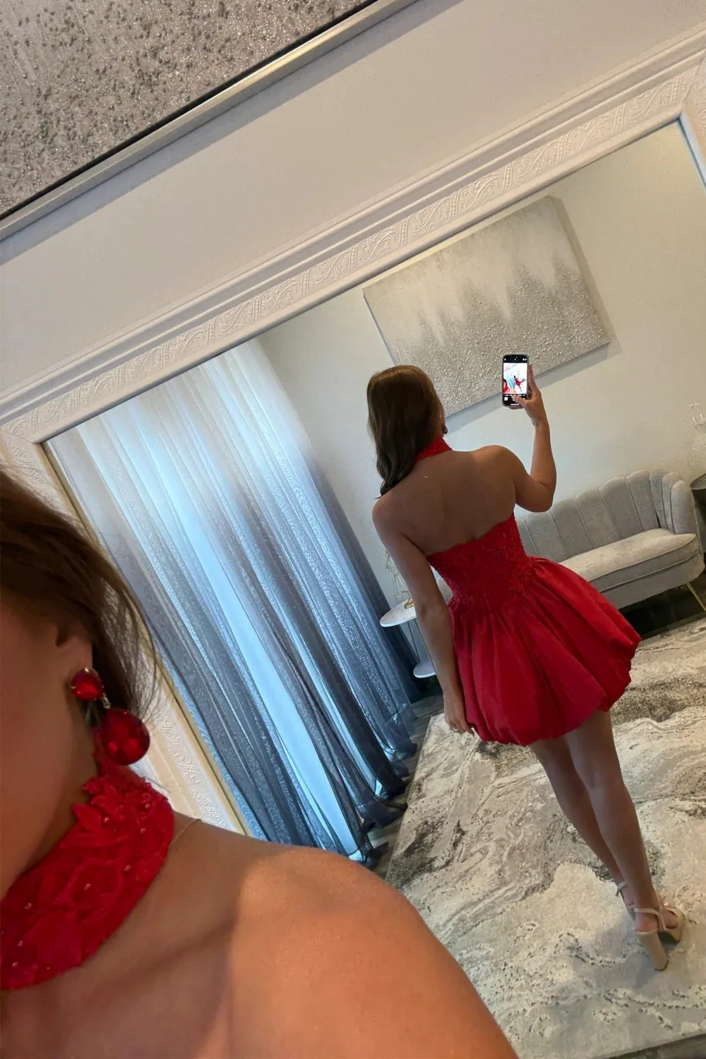 Strapless Red Lace Corset Homecoming Dress with Bubble Hem and Matching Choker - Image 4
